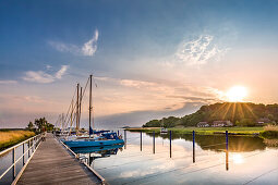 Sunset in the harbour, Baabe, Ruegen Island, Mecklenburg-Western Pomerania, Germany