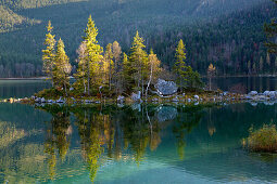 Small island at Eibsee, Werdenfelser Land, Bavaria, Germany