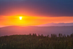 Sunset, view from Dreisessel mountain over the Bavarian Forest, Bavaria, Germany
