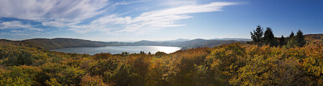 View over Laacher See, near Maria Laach, Eifel, Rhineland-Palatinate, Germany