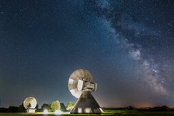 earth station Raisting at lake Ammersee below milkyway, Bavaria, Germany