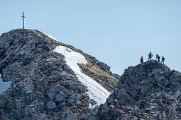 Germany, Bavaria, Alps, Oberallgaeu, Oberstdorf, Excursion, Climbing, Via Ferrata, Mountain Hike towards summit cross, Climbing tour, Summer Holidays, Summit Cross