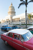 red oldtimer, Capitol, Kapitol, Capitolio, governmental seat, historic town, center, old town, between Habana Vieja and Habana Centro, family travel to Cuba, parental leave, holiday, time-out, adventure, Havana, Cuba, Caribbean island