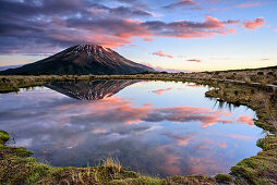 Vulkan Mount Egmont spiegelt sich in See, Egmont Nationalpark, Taranaki, Nordinsel, Neuseeland