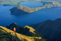 Woman hiking ascending towards Roys Peak, view to Lake Wanaka, from Roys Peak, Harris Mountains, Mount Aspiring National Park, UNESCO Welterbe Te Wahipounamu, Queenstown-Lake District, Otago, South island, New Zealand