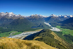 View to Dart River Valley, Glenorchy, Paradise and Southern Alps, from Mount Alfred, Fiordland National Park, UNESCO Welterbe Te Wahipounamu, Queenstown-Lake District, Otago, South island, New Zealand