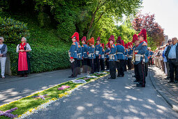 Traditional band, Corpus Christi, Feast of Corpus Christi procession, carpet of flowers, Sipplingen, Lake Constance, Baden-Wuerttemberg, Germany, Europe