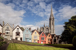 Cobh Cathedral, Deck of Cards houses (colourful and steep houses at West View Street), Cobh, County Cork, Ireland, Europe