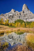 Monte Pelmo reflecting in mountain lake, Monte Pelmo, Dolomites, UNESCO World Heritage Site Dolomites, Venetia, Italy