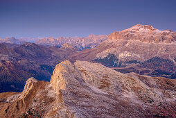 Sella range with Piz Boe and Setsass in foreground at dawn, from Lagazuoi, Dolomites, UNESCO World Heritage Site Dolomites, Venetia, Italy