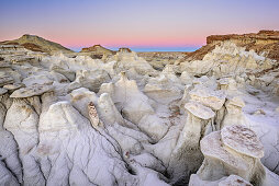 Rock towers with white sandstone at dawn, Bisti Badlands, De-Nah-Zin Wilderness Area, New Mexico, USA