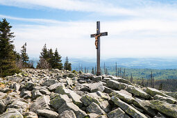 Summit cross and granite blocks on Lusen mountain, Bavarian Forest National Park, Bavaria, Germany, Europe