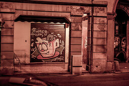Graffiti in Bologna at night, Bologna, Emilia-Romagna, Italy, Europe