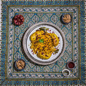 Chicken with safran rice and barbarry, iranian shirin polo, Iran