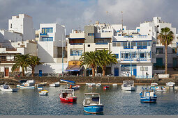 Bunte Fischerboote am Charco San Ginés in Arrecife, Atlantik, Lanzarote, Kanaren, Kanarische Inseln, Islas Canarias, Spanien, Europa