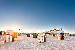 Beach chairs and pier, Ahlbeck, Usedom island, Mecklenburg-Western Pomerania, Germany