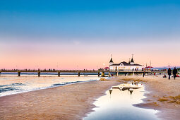 Full moon above pier, Ahlbeck, Usedom island, Mecklenburg-Western Pomerania, Germany