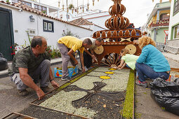 Blütenteppiche für die Prozession, Corpus Christi, Fronleichnahmsfest,Villa de Mazo, UNESCO Biosphärenreservat,  La Palma, Kanarische Inseln, Spanien, Europa