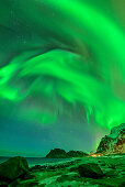 Beach with polar lights and stary sky, northern lights, aurora borealis, Lofoten, Nordland, Norway