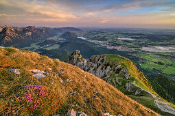 Tannheim Mountains, Fuessen, lake Weissensee and lake Hopfensee, from Saeuling, Ammergau Alps, Upper Bavaria, Bavaria, Germany