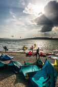 Kitesurfers and windsurfers in storm, on Lake Constance, Reichenau island, Baden-Württemberg, Germany