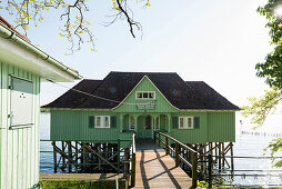 Aeschacher bath, historic pile dwelling outdoor pool, Lindau, Lake Constance, Bavaria, Germany