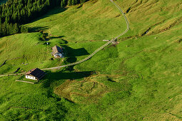 View towards two alpine huts, from Karkopf, Chiemgau Alps, Upper Bavaria, Bavaria, Germany