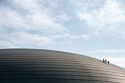three men clean facade of National Centre for the Performing Arts, National Grand Theatre, Beijing, China, Asia, Architect Paul Andreu