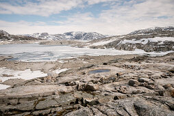 frozen artificial lake Lyngsvatnet at highlands of Norway around Lysebotn, Scandinavia, Europe