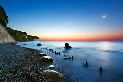 Moon over the sea, chalk cliffs, Jasmund National Park, Rügen, Baltic Sea, Mecklenburg-Vorpommern, Germany