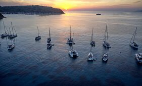 Sailboats in buoy field in front of Susak island, Kvarner bay, Adriatic sea, Croatia