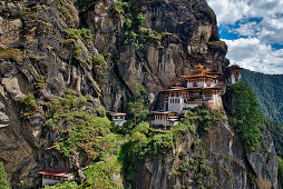 The monastery Taktshang or Taktsang or Tigernest in a rock wall, Buddhist monastery in the Parotal, Bhutan, Himalayas, Asia