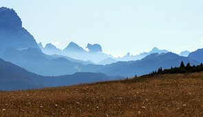 at Corvara on Campolongo Pass, view to the east, Alta Badia, Dolomites, South Tyrol, Italy