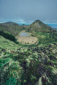 Crater lake and hills on the island of Sao Miguel, Azores, Atlantic Ocean, Atlantic Ocean, Europe