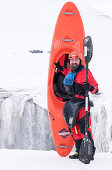 Winter kayaking on Godafoss in northern Iceland