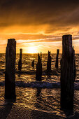 Silhouette of weathered wooden piles on the beach from the Gulf of Mexico at sunset, Fort Myers Beach, Florida, USA