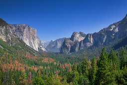 Blick auf die Wälder und Felsen des Yosemite Nationalpark vom Aussichtspunkt Tunnel View, USA\n