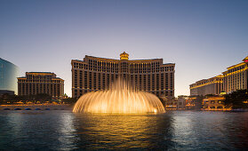 Fountain at the Bellagio Hotel at dusk in Las Vegas, USA