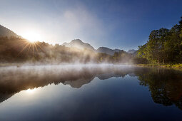 Nebel am Moorweiher bei Oberstdorf, Allgäu, Bayern, Deutschland