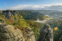 Rock towers in the Elbe Sandstone Mountains, Bastei, Elbe Sandstone Mountains, Saxon Switzerland National Park, Saxon Switzerland, Saxony, Germany