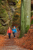 Mann und Frau wandern im Elbsandsteingebirge, Bastei, Elbsandsteingebirge, Nationalpark Sächsische Schweiz, Sächsische Schweiz, Sachsen, Deutschland