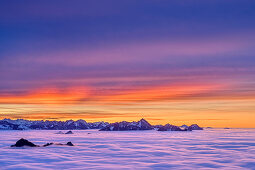 Sunset glow over Heuberg, Karwendel and Wendelstein with sea of fog, Hochries, Chiemgau Alps, Chiemgau, Upper Bavaria, Bavaria, Germany