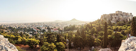 View from Areopag, Marsh? Gelen over Athens to Mount Lycabettus, Athens Greece