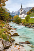 Parish church Sankt Sebastian in Ramsau in autumn, Berchtesgaden, Bavaria, Germany
