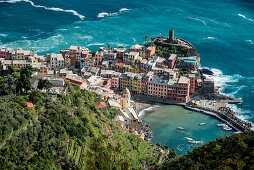 View from the top of the vineyards down to Vernazza, Cinque Terre, Italy