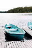 Boats moored on Sahajärvi lake in Teijo National Park, Finland