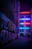 Neon side gallery at night, galeria neonów, Ruska 46c, Wroclaw, Lower Silesia Region, Poland