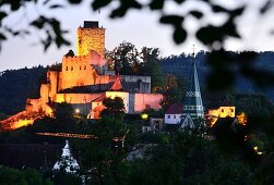 Evening view of Pappenheim with castle, church tower, leaves, Altmuehltal, North Upper Bavaria, Bavaria, Germany