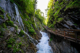View of the steep walls and the wooden path in the Wimbachklamm, Berchtesgadener Land, Bavaria, Germany