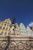 Merkurbrunnen and old facades on Maximiliansstrasse, Augsburg, Swabia, Bavaria, Germany